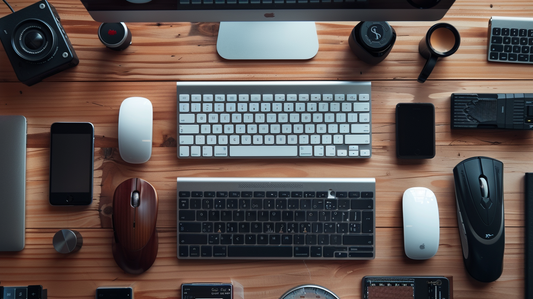 Keyboards and mice with assorted office gadgets neatly arranged on a wooden desk