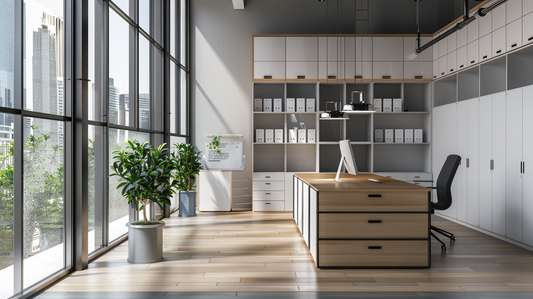 Modern office with bookcases, shelving units, desk, and ergonomic chair by large windows