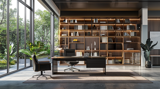 Modern office with large wooden bookcase, desk, ergonomic chair, and plants by floor-to-ceiling windows
