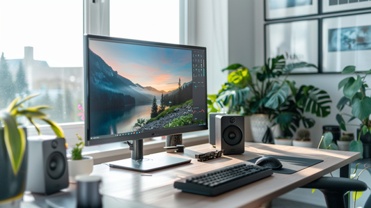 Modern desk setup with monitor on a stand, keyboard, speakers, and plants arranged in a bright office space