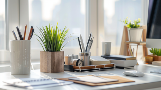 Organized office desk with desk organizers, notebooks, pens, and small plants by a bright window
