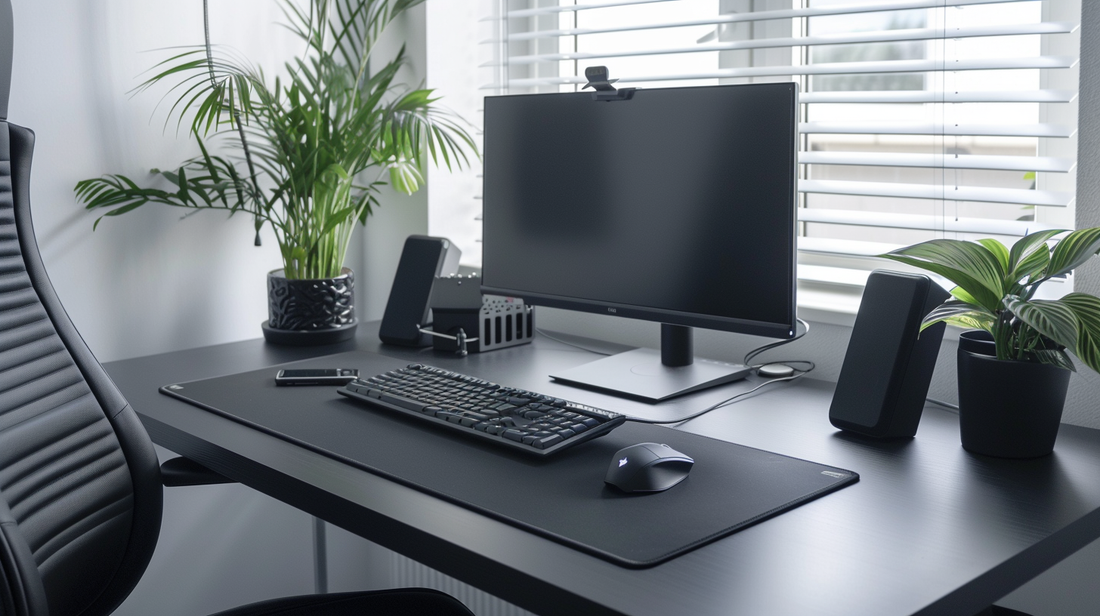 Modern office desk with black keyboard tray and mat, monitor, keyboard, mouse, and potted plants creating a clean and minimal workspace