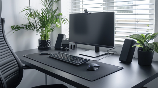 Modern office desk with black keyboard tray and mat, monitor, keyboard, mouse, and potted plants creating a clean and minimal workspace