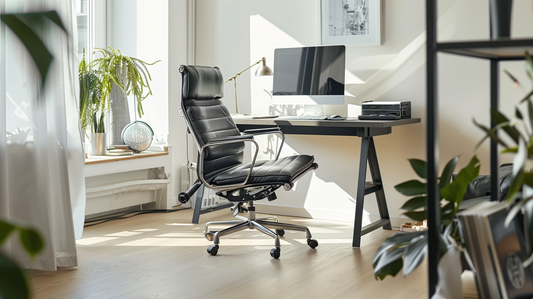 Bright home office with a black ergonomic chair, computer desk, and plants near a large window