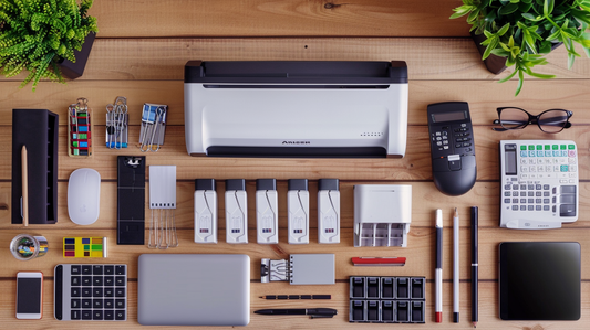 Office desk with a laminator, calculator, pens, and assorted office supplies neatly arranged
