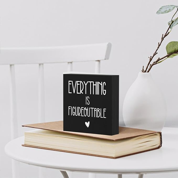 mmiishe Everything Is Figureoutable Wooden Box Sign Decorative Inspirational Farmhouse Wood Box Sign Home Office Decor Motivational Gift Rustic Square Desk Decor Sign for Shelf 5 x 5 Inches-506