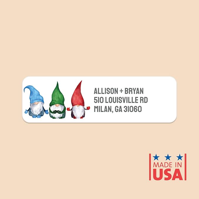 Watercolor Gnome Trio Rolled Address Labels / 250 Personalized Return Address Labels/Designer Address Stickers in Elegant Plastic Dispenser
