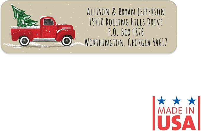 Red Holiday Truck Rolled Address Labels / 250 Personalized Return Address Labels/Designer Address Stickers in Elegant Plastic Dispenser