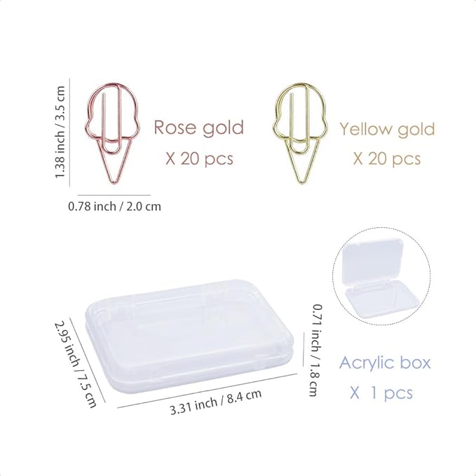 OWLFAVO 40pcs Ice Cream Shape Paper Clips with Clear Box, Rose Gold and Yellow Gold, Funny Cute Paperclips Bookmarks Planner Clips for Fun Office Supplies School Gifts Wedding Decoration