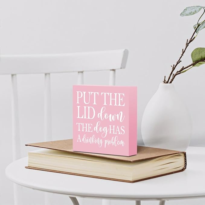 mmiishe Put the Lid Down the Dog Has a Drinking Problem Wooden Box Sign Decorative Funny Bathroom Wood Box Sign Home Decor Rustic Farmhouse Square Desk Decor Sign for Shelf Pink