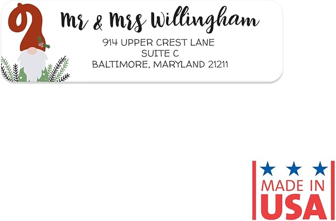 Holiday Gnome Rolled Address Label/Roll of 500 Adorable Christmas Personalized Address Labels/Designer Return Address Stickers in Elegant Plastic Dispenser