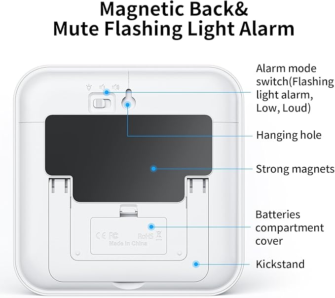 Yunbaoit 16cm Classroom Visual Timer with Optional Alert Modes, 60 Minute Oversize Visual Countdown Timer for Kids and Adults, Silent Magnetic Kitchen Timer with Kickstand(White Blue)