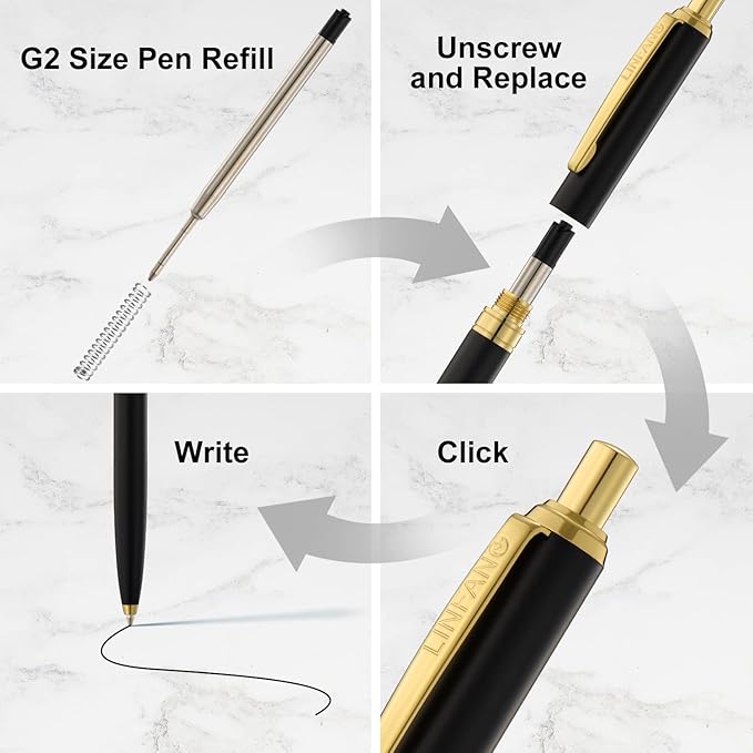 LINFANC 8 Pack Ballpoint Pens, Premium Retractable Metal Ballpoint Pen, Medium Point 1.0mm Black Ink Pen for Home School Work Office Supplies, Matte Black with Gold Trim, Extra 8 Refills