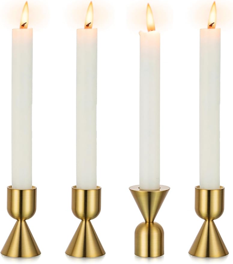 NUPTIO Candle Stick Candle Holder: Set of 4 Gold Aluminium Candlestick Holders - Brass Taper Candleholder for Fall Thanksgiving Christmas Table Fireplace Decoration