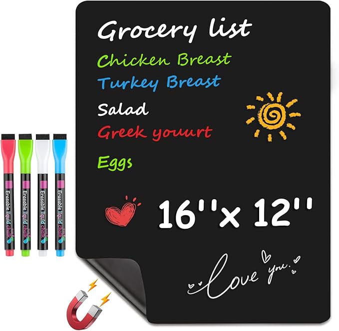 MaxGear Magnetic Black Dry Erase Board Sheet for Refrigerator, 16"x12" Fridge Magnetic Whiteboard for Kitchen, Fridge Shopping List for Family Planner and Grocery List, 4 Chalk Markers