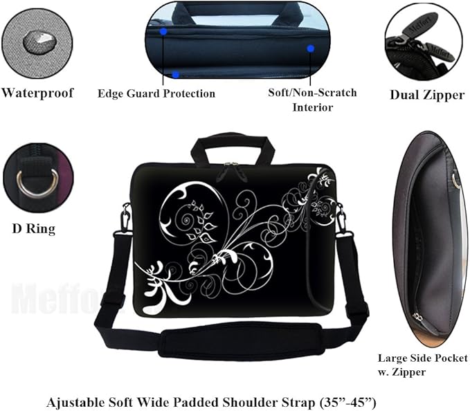 Meffort Inc 17 Inch Neoprene Laptop Bag with Extra Side Pocket, Soft Carrying Handle & Removable Shoulder Strap Fit 16" to 17.3" Size - White Swirl