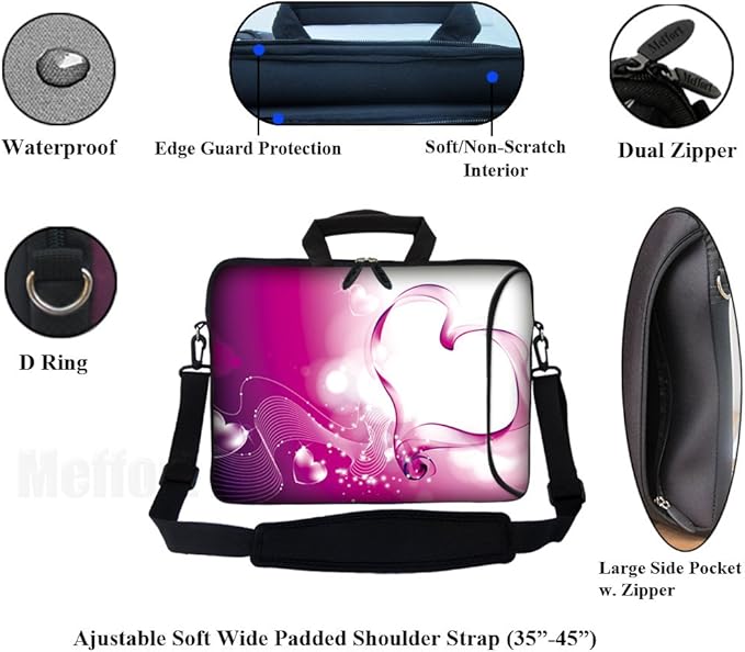 Meffort Inc 17 Inch Neoprene Laptop Bag with Extra Side Pocket, Soft Carrying Handle & Removable Shoulder Strap Fit 16" to 17.3" Size - Pink Red Heart