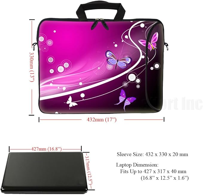 Meffort Inc 17 17.3 inch Neoprene Laptop Bag Sleeve with Extra Side Pocket, Soft Carrying Handle & Removable Shoulder Strap for 16" to 17.3" Size Notebook Computer - Pink Butterfly Design