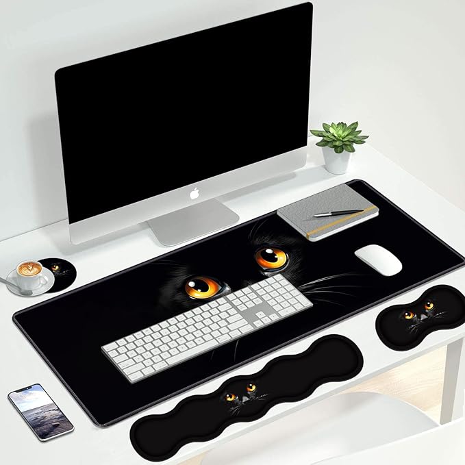 4 in 1 Ergonomic Keyboard Wrist Rest & Mouse Pad Wrist Rest Set, Large XXL Gaming Desk Mat 31.5"x 11.8" with Non-Slip Base, Memory Foam for Home Office Study Gaming, Black Cat Face