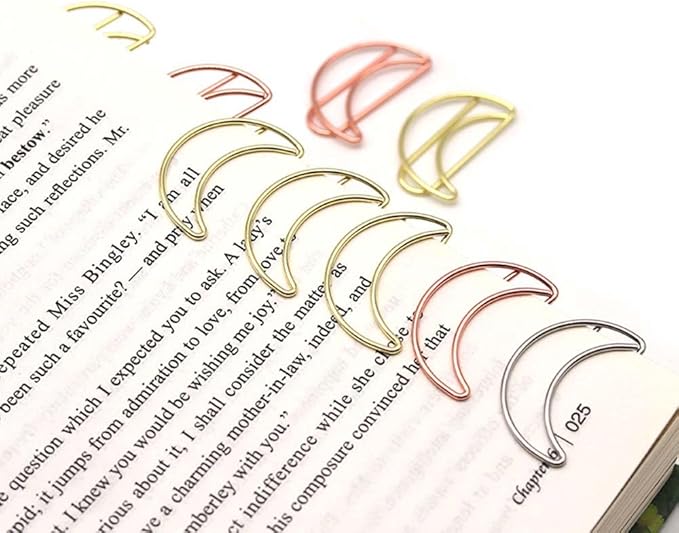 OWLFAVO 40pcs Moon Shape Paper Clips with Clear Box, Rose Gold and Yellow Gold, Funny Cute Paperclips Bookmarks Planner Clips for Fun Office Supplies School Gifts Wedding Decoration