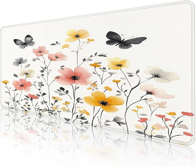 Mrcrypos Wildflowers Large Mouse Pad Butterfly Desk Mat for Desktop, Waterproof Desk Pad with Stitched Edges, Computer Keyboard Gaming Mouse Pads for Women Office Home 31.5" x 15.7"