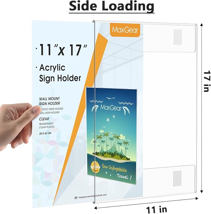 MaxGear Acrylic Sign Holder 11 x 17 Sign Holders Plastic Frames Clear Frame 11x17 Wall Mount Sign Holder Wall Sign Holder with Double-Sided Tape, for Plexiglass, Flyer, Poster, Door, Document, 6 Pack