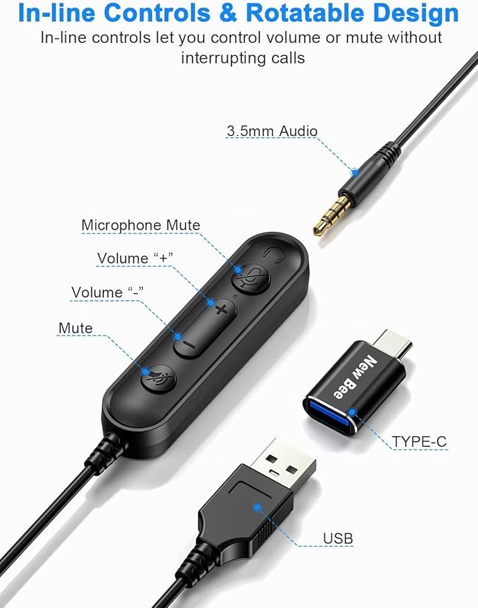 New bee USB Headset with Microphone for PC Computer Headset, Single Ear Noise Cancelling Mic, Call Center Wired Headphone with 3.5 mm/USB/Type C for Skype Zoom Tablet Laptop