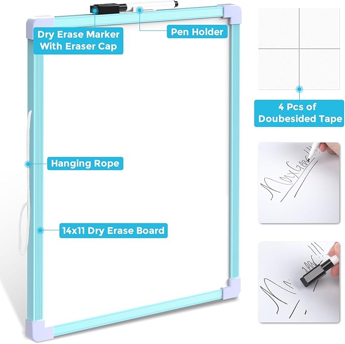 MaxGear Blue Small Dry Erase Board, 11"x14" Double-Sided Hangable White Board with a Dry Erase Marker, Portable Whiteboard for Home School Office - Planning Writing Learning Drawing