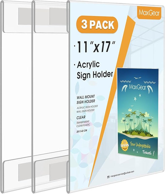 MaxGear 11x17 Acrylic Sign Holder Wall Mount Sign Holder with Double-Sided Tape Clear Plastic Flyer Holder Acrylic Picture Frame Paper Poster Document Holder for Home Office Restaurant,3 Pack