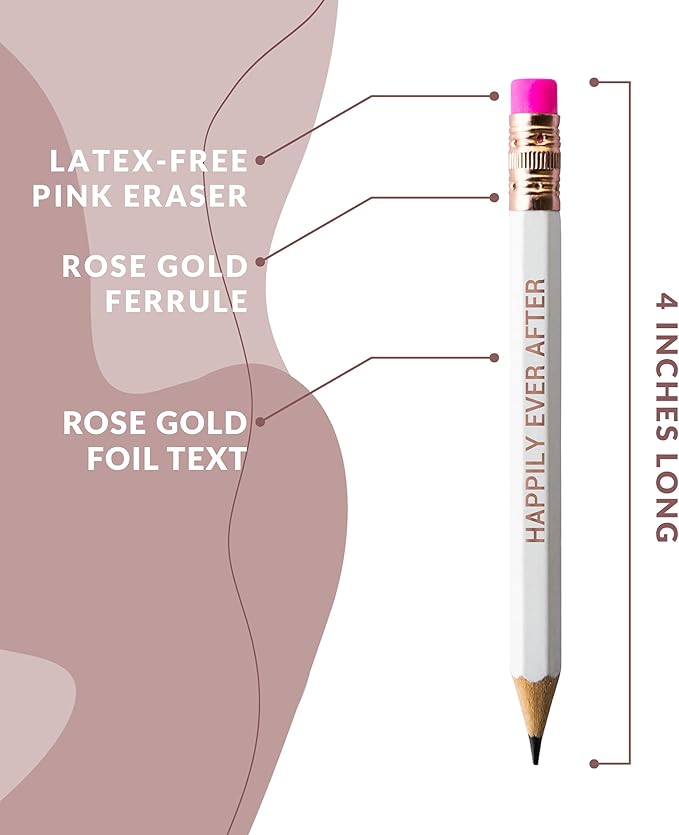 Markt Mini Pencils for Bridal Shower Games, Bridal Shower Pens, Happily Ever After Pencils, Small Pencil Set For Prizes, Game Winner Gifts (White With Pink Eraser)