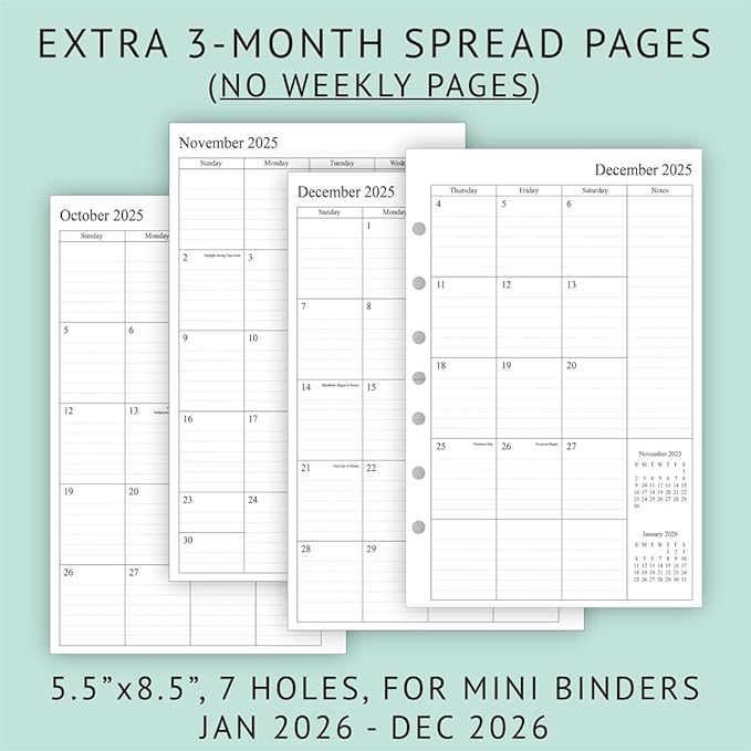 newestor 2026 Weekly & Monthly Planner Refill, 5-1/2" x 8-1/2", Jan 2026 to Dec 2026, 7-Hole Punched for Mini Binders