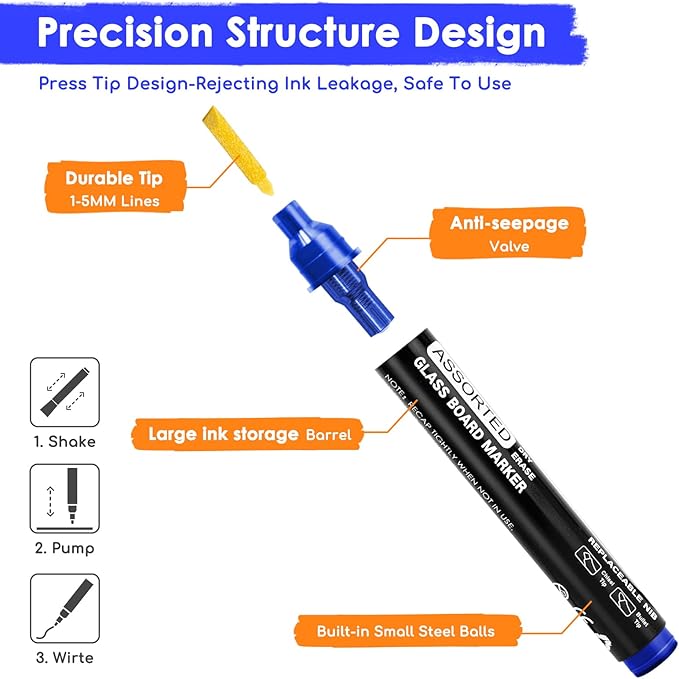 maxtek Dry Erase Markers Chisel Tip, Assorted Colors, Glass Whiteboard Markers for Dry Erase Board, Acrylic Planning Board, Mirrors, Windows, Classroom Must Haves, 8 Count