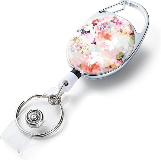 Badge Reels Retractable,Double Sided Color Print Pattern Retractable Badge Holders,with Retractable Keychain, Badge Clip and Key Ring,Durable Nylon Retractable Rope,Pink Flower