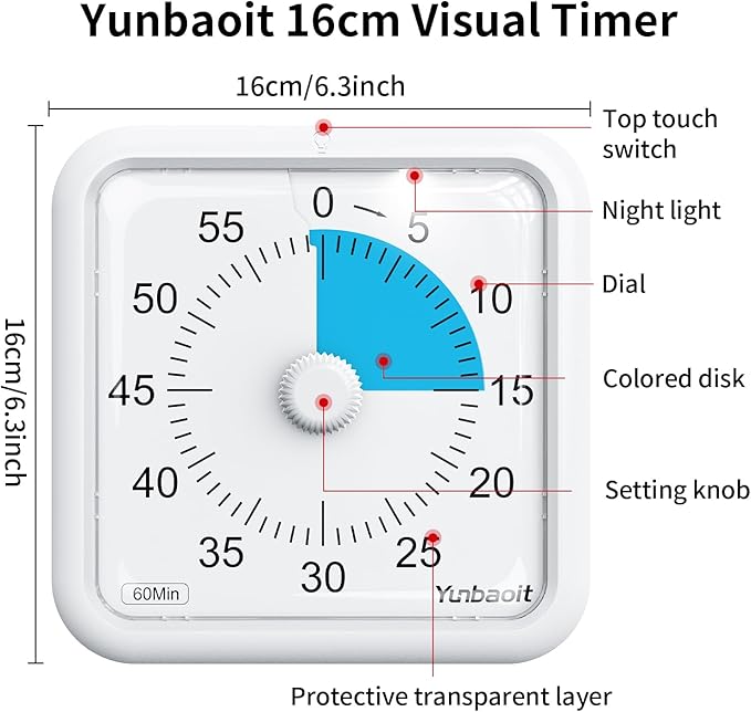 Yunbaoit 16cm Classroom Visual Timer with Optional Alert Modes, 60 Minute Oversize Visual Countdown Timer for Kids and Adults, Silent Magnetic Kitchen Timer with Kickstand(White Blue)