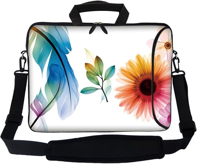 Meffort Inc 17 Inch Neoprene Laptop Bag with Extra Side Pocket, Soft Carrying Handle & Removable Shoulder Strap Fit 16" to 17.3" Size - White Flower Leaves