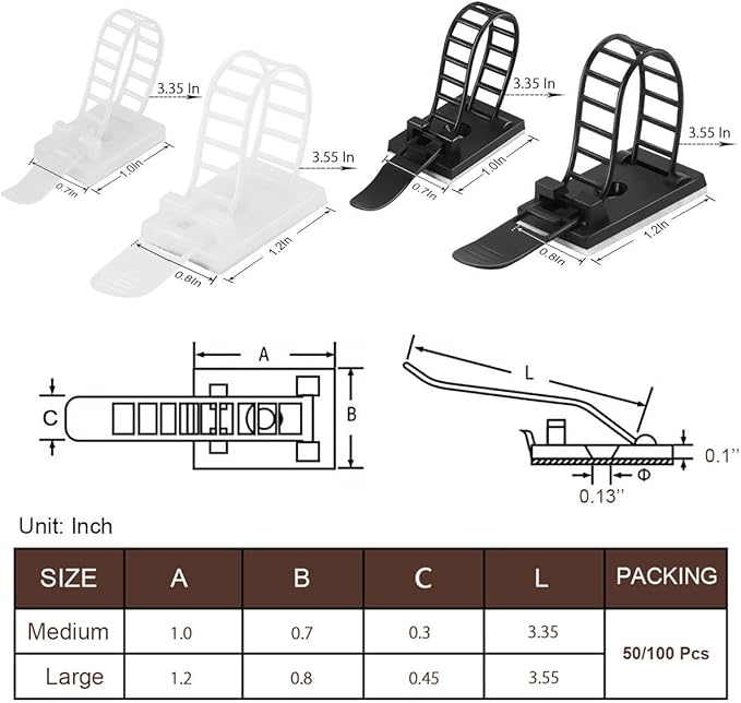 Adhesive Cable Management Clips, 50pcs Adjustable Nylon Cable Straps Wire Clips Clamps Organizer with Strong Adhesive Tape, Extra Screw & Hole for Strong Fixation Home Office - 3.55 Inch White