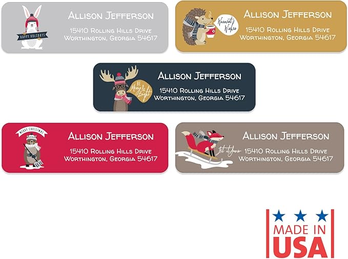 Woodland Holiday Animals Rolled Address Labels / 500 Personalized Return Address Labels/Designer Address Stickers in Elegant Plastic Dispenser