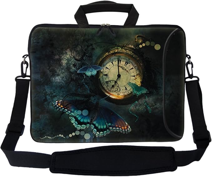 Meffort Inc 17 Inch Neoprene Laptop Bag with Extra Side Pocket, Soft Carrying Handle & Removable Shoulder Strap Fit 16" to 17.3" Size - Clock Butterfly