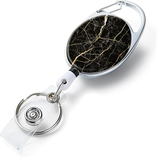 Badge Reels Retractable,Double Sided Color Print Pattern Retractable Badge Holders,with Retractable Keychain, Badge Clip and Key Ring,Durable Nylon Retractable Rope,Black Marble
