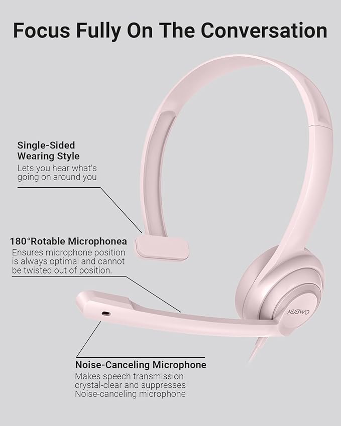 NUBWO HW02 USB Headset with Microphone Noise Cancelling &in-line Control, Ultra Comfort Computer Headphones for Laptop pc, On-Ear Wired Office Call Center Headset for Boom Skype Webinars (Pink)