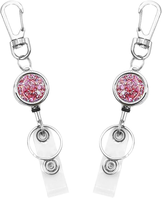 Retractable Badge Holder, Pretty Bling Pink ID Badge Reel with Retractable Cord for Name Card Keychain,Metal Retractable Key Ring for Women Nurse Teacher Student,2 Pack