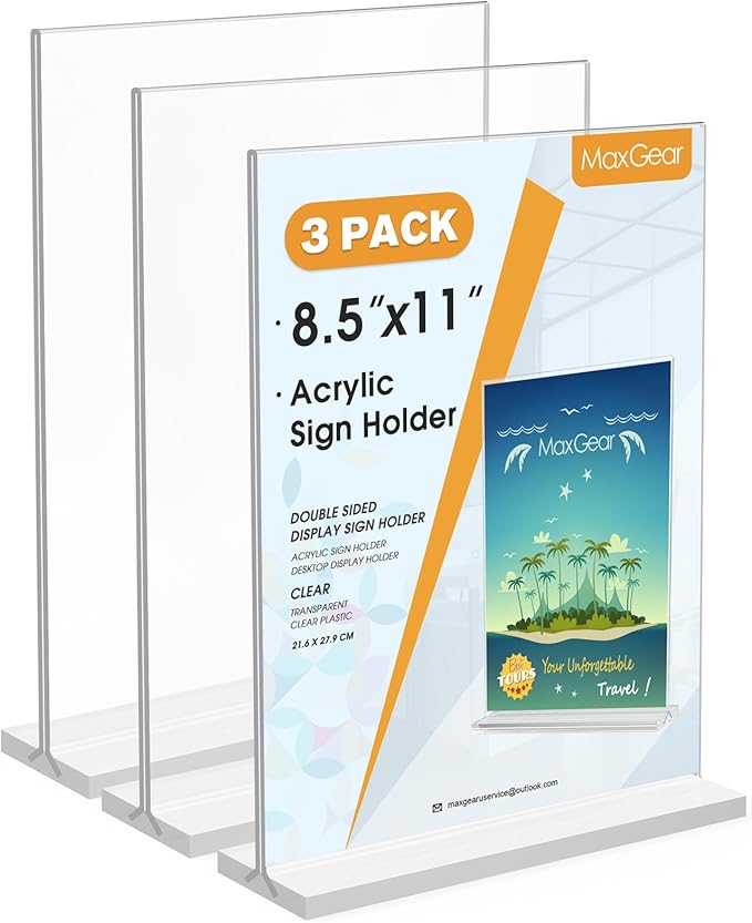 MaxGear 8.5x11 Acrylic Sign Holder 3 Pack, Clear Table Menu Display Stand Plastic Document Paper Holder Double Sided Flyer Holder T Shape Sign Frame for Store, Restaurant, Hotels, Office