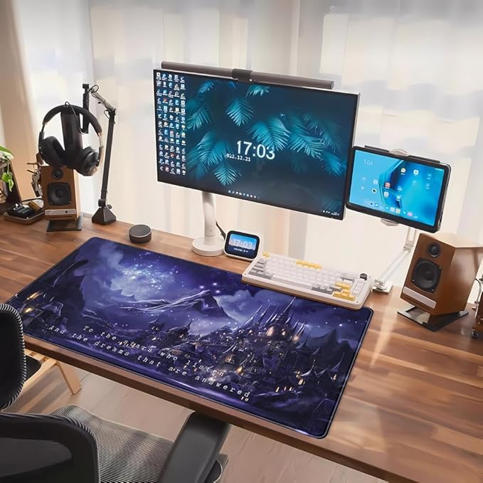 Night Purple Desk Mat Dark Academia Anime Computer Desk Keyboard Mat, 31.5 X 15.8 in Office Decor for Women Castle Aesthetics Mouse Pad XXL for Desktop Laptop Computer Mouse Gaming Pad