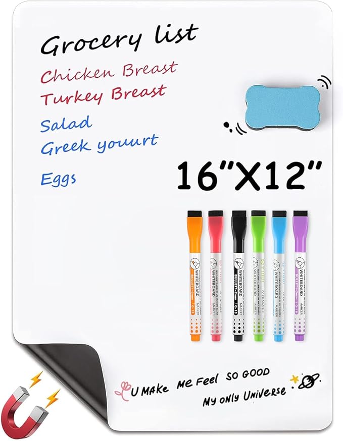 MaxGear 16 X 12 inch Magnetic Dry Erase Whiteboard for Refrigerator, Fridge Whiteboard Sheet Fridge Shopping List Office Notice Board with New Stain Resistant Technology (Include 1 Eraser,6 Markers)