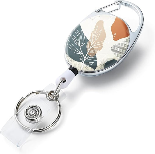 Badge Reels Retractable,Double Sided Color Print Pattern Retractable Badge Holders,with Retractable Keychain, Badge Clip and Key Ring,Durable Nylon Retractable Rope,Bohemian Leaf