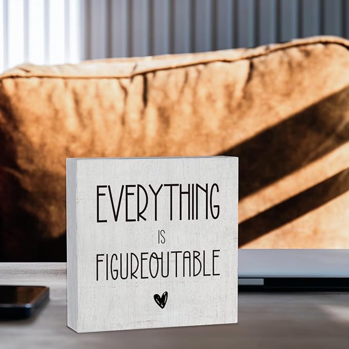 mmiishe Everything Is Figureoutable Wooden Box Sign Decorative Inspirational Farmhouse Wood Box Sign Home Office Decor Motivational Gift Rustic Square Desk Decor Sign for Shelf 5 x 5 Inches