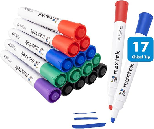 maxtek Dry Erase Markers Chisel Tip, 17 Count 5 Colors Whiteboard Markers, Low Odor Dry Erase Markers