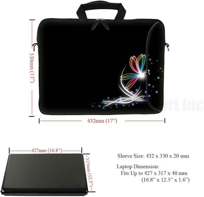 Meffort Inc 17 Inch Neoprene Laptop Bag with Extra Side Pocket, Soft Carrying Handle & Removable Shoulder Strap Fit 16" to 17.3" Size - Butterfly in the Corner