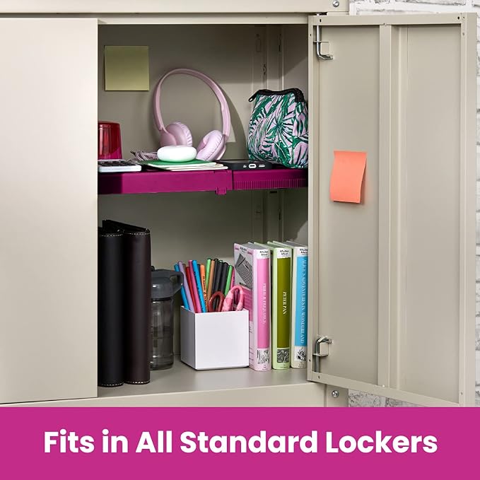 LockerMate Adjust-A-Shelf Locker Shelf, Extends to Fit Your Locker, Easy to Use, Perfect for School, Office, Gym, Pink