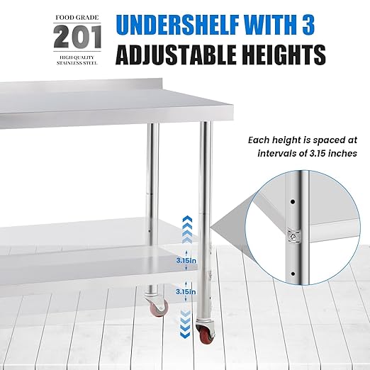 Stainless Steel Table for Prep & Work with 4 Caster Wheels with Backsplash 24 x 30 NSF Metal Commercial Kitchen Adjustable Under Shelf Worktable for Restaurant Home Outdoor